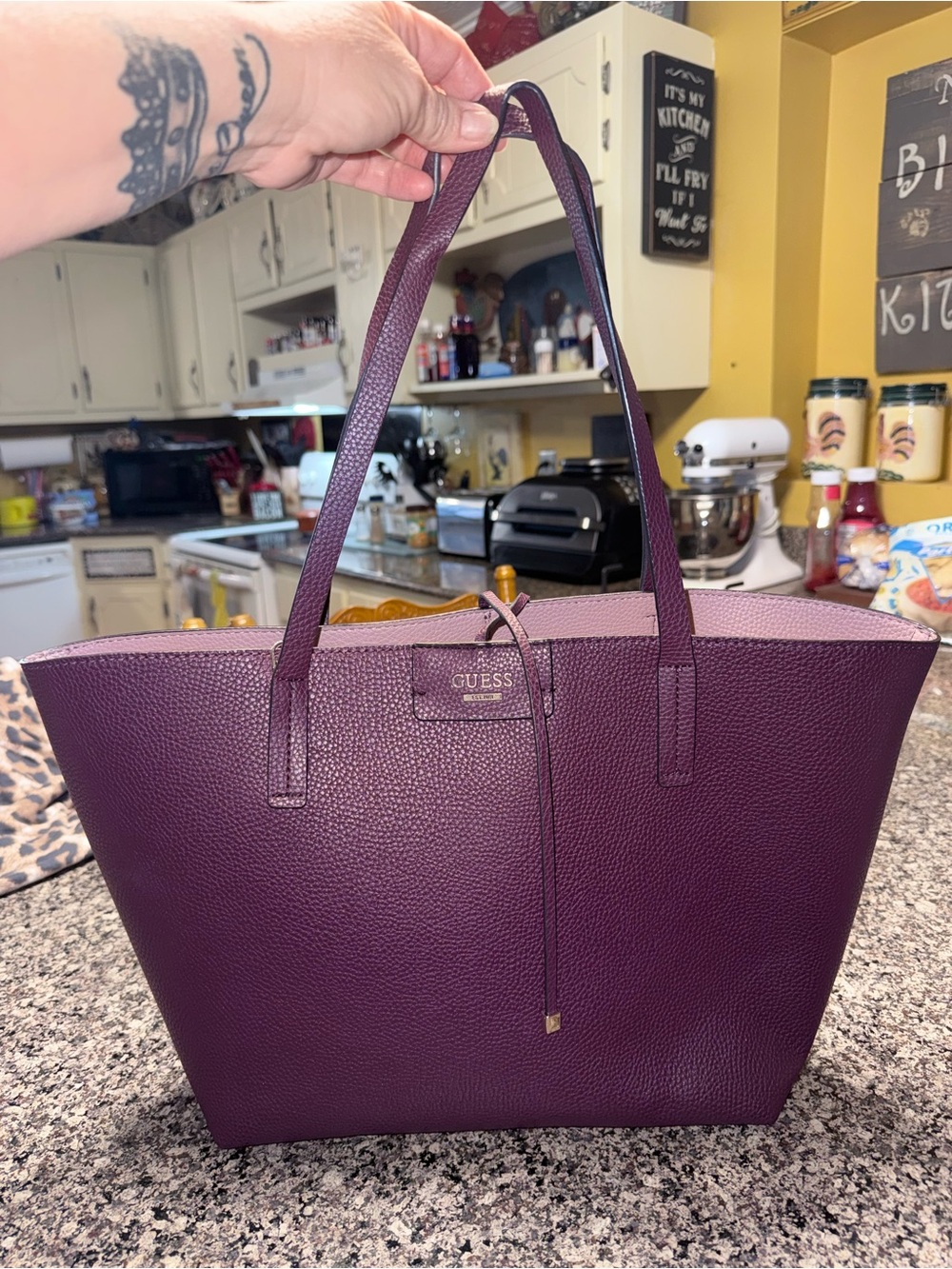 GUESS Purple Pebbled Tote with Tie-Detail Shoulder Straps